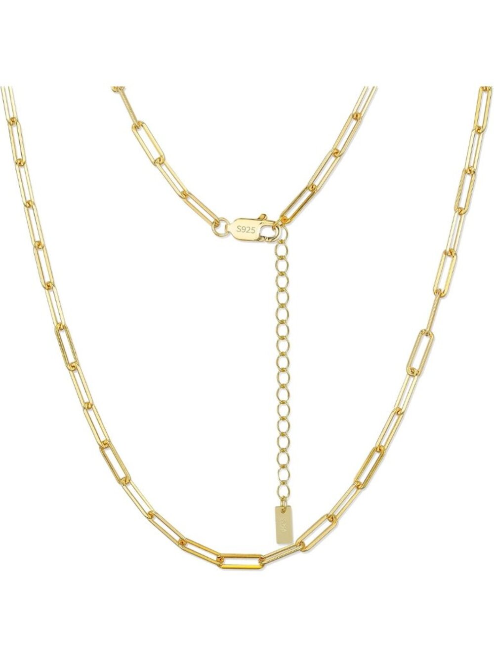 Adjustable Gold Paperclip Necklace for Women & Men, S925 Sterling Silver Chain